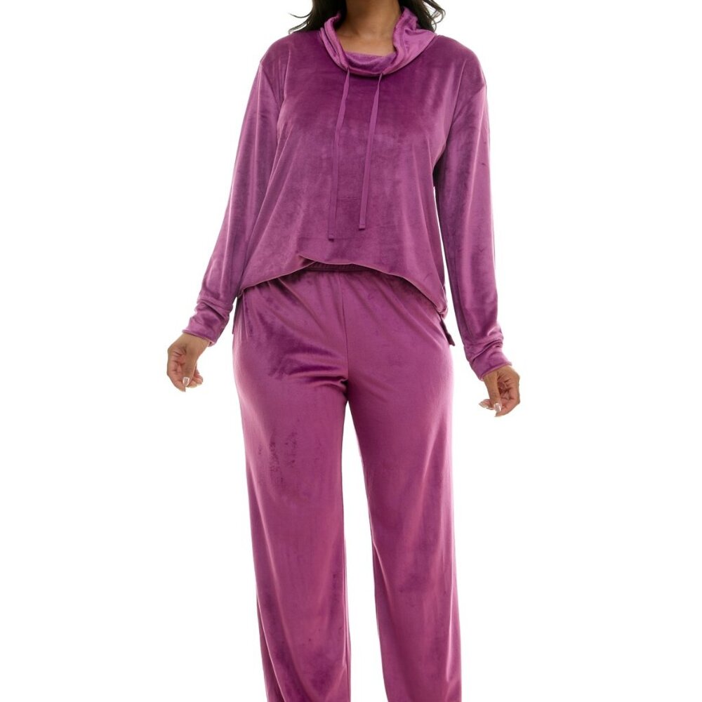 #1050 Roudelain Women's Long-Sleeve Hooded Velour Pajama tops - Dark Purpl